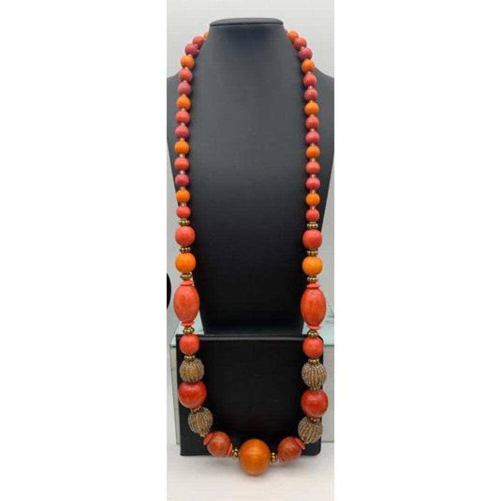 Vintage Chunky Colorful Wood Wooden & Seed Bead Boho Necklace 34”